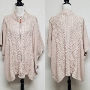 Cupcakes & Cashmere Cream Cable Knit Mock Neck Full-zip Poncho Sweater Large